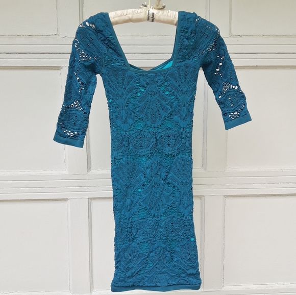 Free People Crochet Slip Dress Lace Body Con Teal Turquoise Stretch Fit Lacy XS - Picture 3 of 9